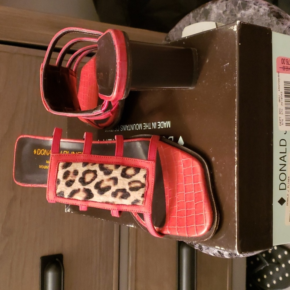 Donald J. Pliner red mules with leopard ponyhair